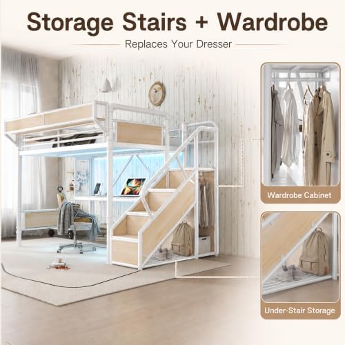 Bellemave Queen Loft Bed with Desk & Pegboard, Metal Loft Bed Frame with Storage Stairs, Wardrobe & Beside Shelf, Heavy Duty Loft Bed Queen Size with Charging Station & LED Lights, White & Natural - Image 3