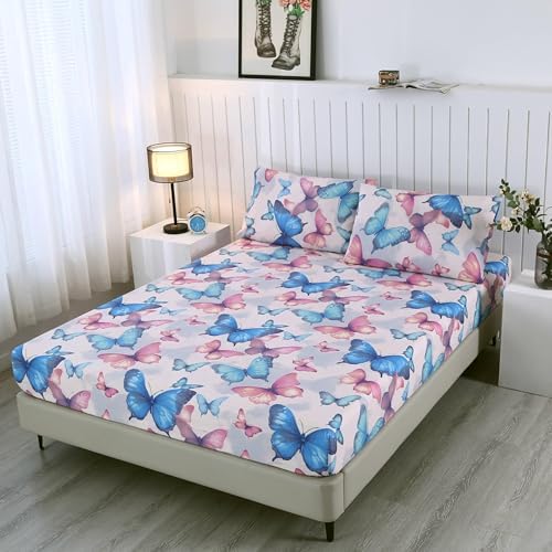 SDIII Colorful Butterfly Twin Fitted Sheet with 2 Pillowcases, Deep Pocket Soft Microfiber Butterfly Bed Sheet Twin Size for Kids by SDIII