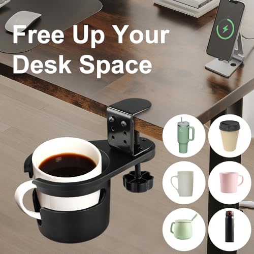 Upgraded Deeper Desk Cup Holder with 360° Rotation, Clamp Mount Design, Metal Office & PC Gaming Desk Accessories,Hidden Adjustable Drink Holder for Arm Chair,Coffee Cup - Image 2