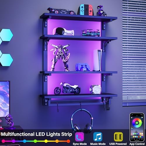 kepptory 24" Foldable Gaming Floating Shelves with LED Lights, 4 Tier Display Rack with Adjustable Shelf, Wall Mounted Shelf with Hanging Rod and 8 S-Hooks for Gaming Room, Black - Image 4