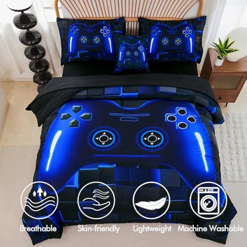 PERFEMET 6 Pieces Kids Game Comforter Set Full Size Blue Gamer Bedding Set for Boys Teen 3D Cool Black Video Gaming Bed in A Bag with Sheets(Blue, Full) - Image 4