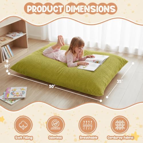 3 in 1 Kids Bean Bag Chair Bed – Foldable Bean Bag to Lounger & Floor Mattress, High-Density Foam Filling Bean Bag, Child Floor Sofa for Reading, Sleeping, Gaming & Relaxation,Green - Image 2