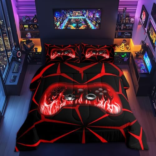 Feelyou Boys Gamer Comforter Set,3D Gaming Bedding Set Full Size for Kids Boys Bedroom Room Decor,Red and Black Video Game Comforter,Geometric Gaming Bed Set All Season for Game Lovers by Feelyou