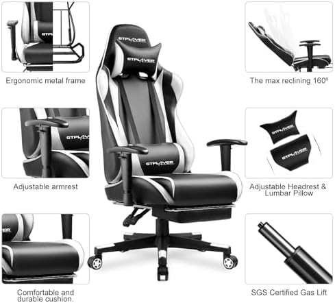 GTPLAYER Gaming Chair with Footrest, Ergonomic Computer Game Desk Chair, Reclining Game Chair Seat Height Adjustment, Swivel Rocker with Headrest and Lumbar (White) - Image 7