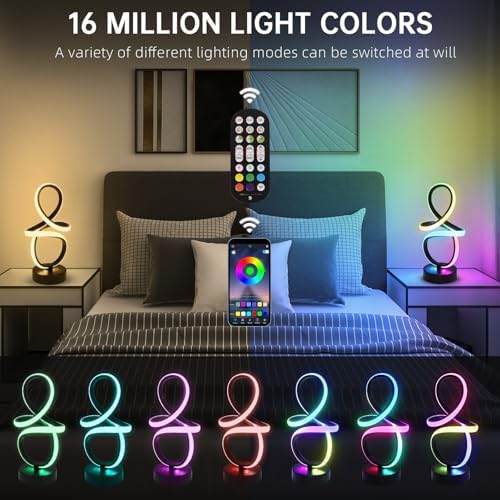 EIDISUNY Modern RGB Table Lamps, Multicolor Changing Spiral Bedside Lamp with Remote&APP, Cool Table Lamp, Dimmable LED Nightstand Lamp with Music Rhythm Modes for Bedroom, Living Room, Black(2 Pack) - Image 5