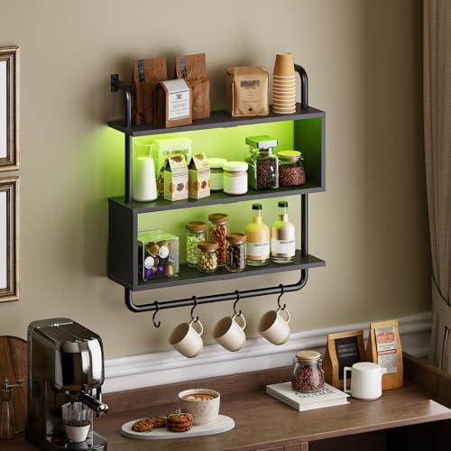 HOOBRO Floating Shelves with LED Lights, 29.5" LED Wall Mounted Gaming Shelf, 3-Tier Pipe Display Rack with Hanging Rod and 4 S-Hooks, for Storage Livingroom, Bedroom, Kitchen, Black BB21DBJ01 - Image 6