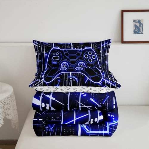 Feelyou Kids Blue Gamer Bedding Set King Size, Honeycomb Gaming Comforter Set Boys Girls Modern Game Console Comforter Gamepad Teens Duvet Set Bedroom Decor Bed Set 3Pcs - Image 6