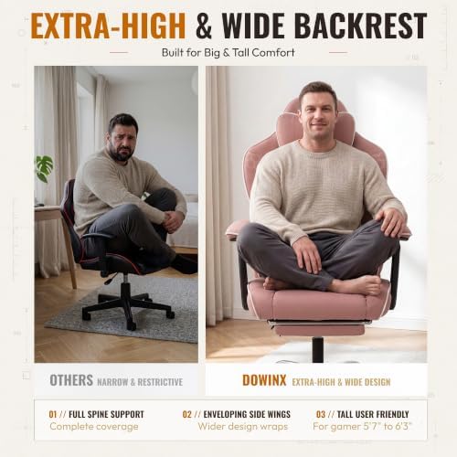 Dowinx Big and Tall Gaming Chair with Footrest for Home Office 500LBS Pink | High Back Fabric Office Chair, Extra-Wide & Thick-Padded Seat Cushion with Ergonomic Lumbar Support and Soft Linkage Armrest - Image 4