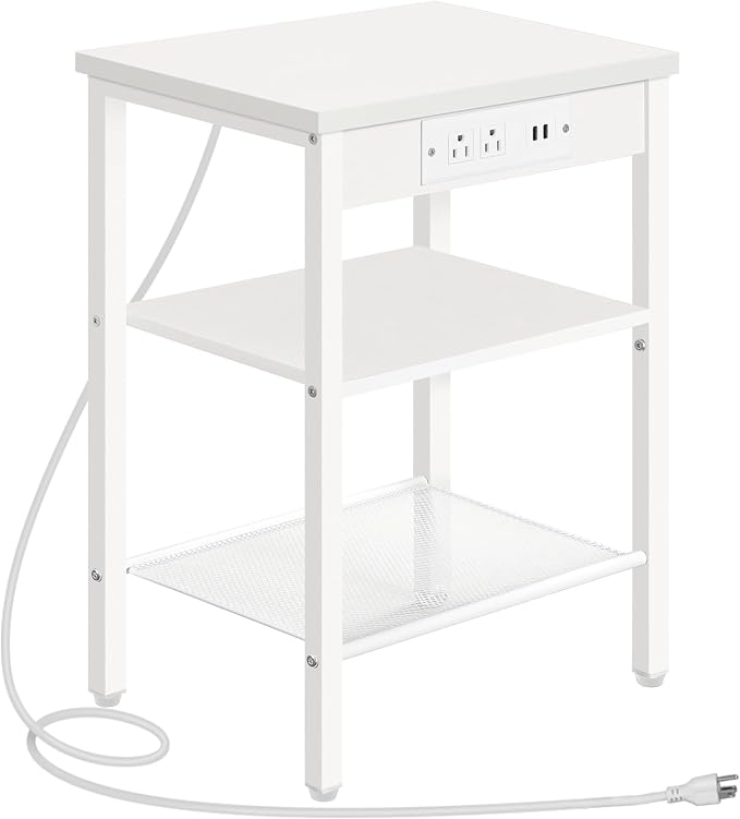 HOOBRO Side Table with Charging Station and USB Port, Small End Table for Small Space, 3-Tier Nightstand with Adjustable Shelf, for Living Room, Bedroom, White WW112BZ01 - Image 8