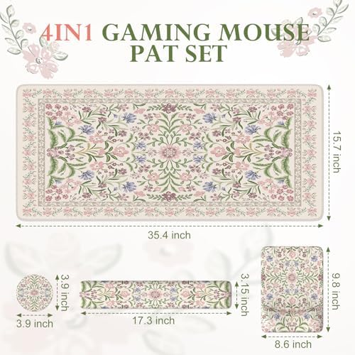 iLeadon Purple Desk Mat Set, Soft Long Floral Mouse Pad Wrist Support - Image 2