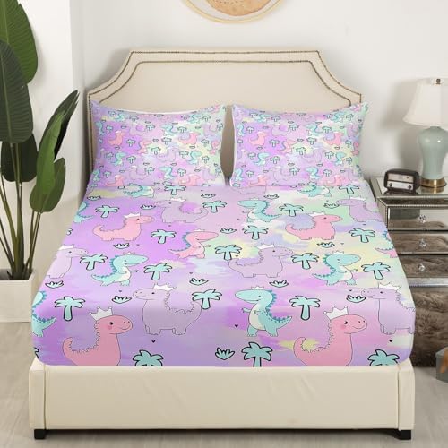 Erosebridal Dinosaur Bed Sheets King Size, Kawaii Dinosaur Bedding Sets for Kids Girls Boys Gift Bedroom Decor, Cartoon Cute Animals Flat Sheet,Palm Leaf Sheet Set, Green Purple Pink - Image 4