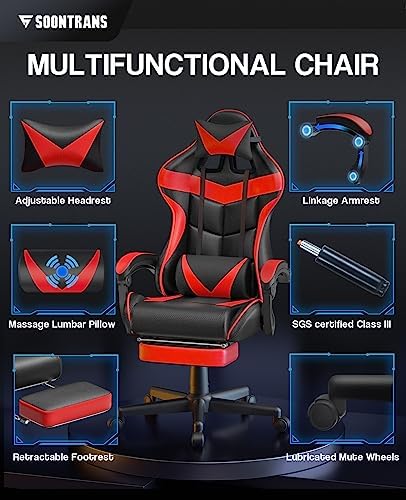 Soontrans Red Gaming Chairs with Footrest,Racing Gaming Chair,Computer Gamer Chair,Ergonomic Game Chair with Adjustable Headrest and Lumbar Support - Image 4