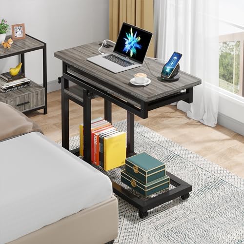 Tribesigns Small Portable Desk with Power Outlet, Height Adjustable Sofa Couch Bedside Laptop Table with Wheels, Mobile Standing Desk Rolling Computer Cart C Side Table with USB Ports - Image 4