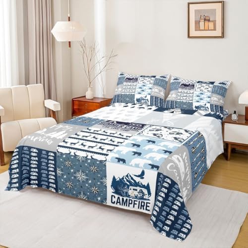 Rustic Modern Farmhouse Bed Sheets Full Teens Adult Camper Sheet Set Happy Camping Car Bedding Set for Kids Boys Girls Polar Bear Deer Animal Fitted Sheet with 2 Pillow Cases Room Decor Flat Sheet - Image 2