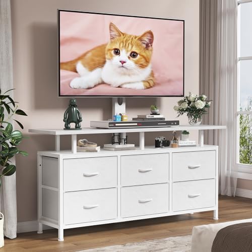 White TV Stand with Mount for 32/45/55/60/65/75 inch TVs, Entertainment Center with 6 Fabric Drawers & Open Shelf, TV Media Console for Living Room, Bedroom - Image 7