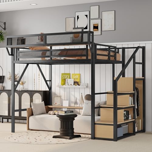 KEIKI Full Size Metal Loft Bed Frame with Convertible Staircase, Built-in Storage Shelves and Wardrobe, Loft Bed with Solid Slats, Guardrail, No Box Spring Required, Easy Assembly, for Bedroom, Black by KEIKI