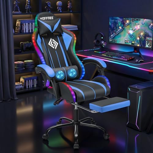 HOFFREE LED Gaming Chair with Massage RGB Lights Computer Game Chair-Blue | Ergonomic Reclining Gamer Chair with Footrest High Back Video Game Chair with Adjustable Lumbar Support Linkage Armrest - Image 2