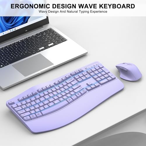 Wireless Keyboard and Mouse Combo, 2.4G Ergonomic Wave Keys(Purple) - Image 2
