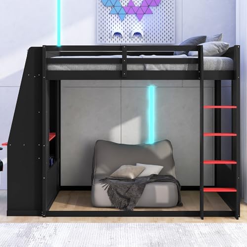 Merax Queen Over Queen Wooden Gaming Bunk Bed with Built-in Desk, LED Lights, USB Port, and 2 Storage Shelves, Solid Wood Gaming Loft Bed for for Bedroom, Black+Red - Image 4
