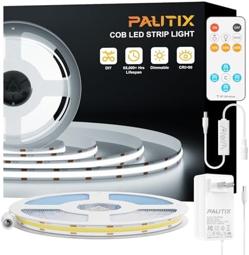 PAUTIX COB LED Strip Light,Strip Lights with RF Remote,UL Listed Daylight White Natural White 6000K 16.4ft Super Bright Dimmable 24V Flexible LED Tape Lights,Cabinets Kitchen Mirror Office Lighting by PAUTIX