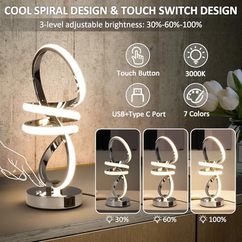 EIDISUNY RGB Spiral Table Lamp, Modern LED Table Lamp, Chrome Cool Bedside Lamps, 7 Colors & 10 Light Modes Touch Dimmable LED Nightstand Lamp with USB/Type C for Bedroom, Living Room,Silver - Image 2