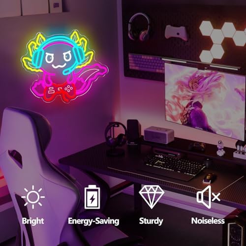 Gaming Axolotl Neon Sign Dimmable Axolotl Playing Video Games Light Up Sign Game Room Led Wall Art Gamer Room Decor Funny Axolotl Gifts for Girls Boys - Image 2