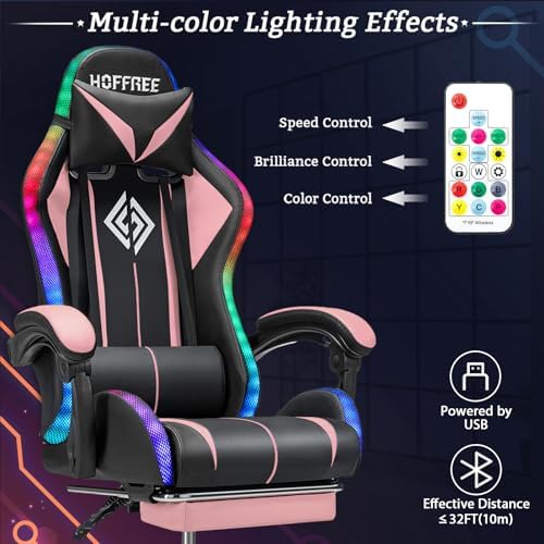 RGB Gaming Chair with Speakers Massage LED Lights Game Chair Pink+Black | Bluetooth Computer Gaming Chair with Footrest Video Game Chair for Adults Ergonomic High Back Gamer Chair with Lumbar Support - Image 4