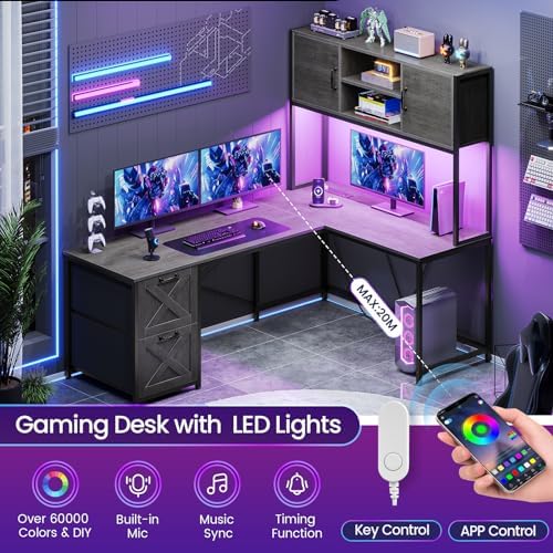 SEDETA Reversible L Shaped Gaming Desk with Drawers, LED Lights, - Image 4