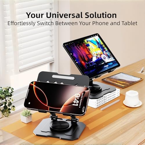 Ultra-Stable 360° Rotatable Metal Tablet Stand, Adjustable Folding Desktop Stand for iPad/iPhone/Switch, Universal Use for Office/Movie/Studying/Drawing/Gaming, Black - Image 3