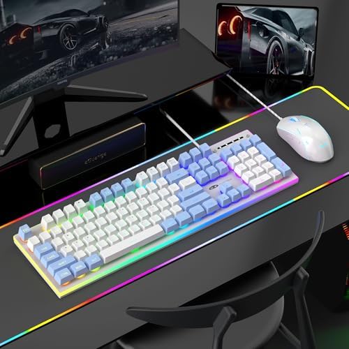 MageGee GT838 Gaming Keyboard and Mouse Combo, 104 Keys RGB Backlit Quiet Wired Keyboards for Laptop PC MAC, with Number Pad, Metal Panel, Anti-Ghosting, White Blue - Image 6