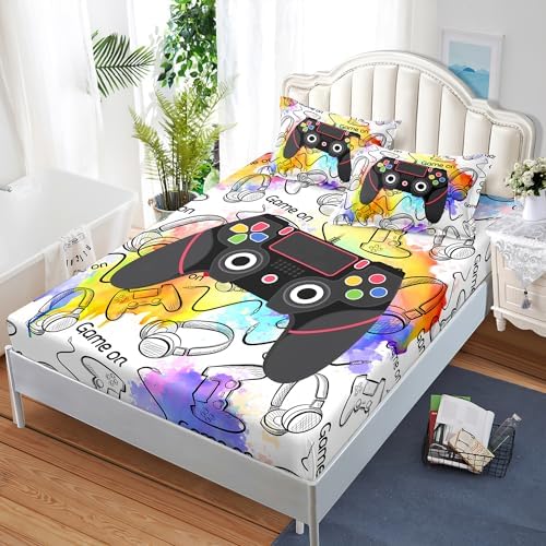 AILONEN Gamer Twin XL Fitted Sheet Set for Boys, Gaming Video Game Gamepad Bed Sheet Set for Kids Adults,Tie Dye Game Fitted Sheet with 2 Pillowcases,3 Pieces - Image 2