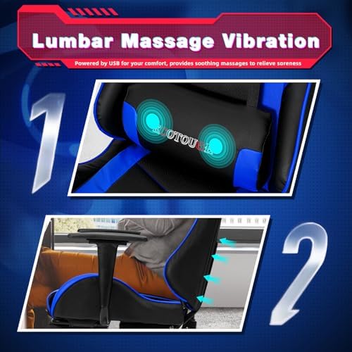 ECOTOUGE Blue Ergonomic PC Massage Gaming Chair with Footrest | Reclining Racing PU Leather, Swivel Rocker, Headrest, Lumbar Pillow, Office Desk Chair, Adjustable Height, Sturdy Base - Image 5