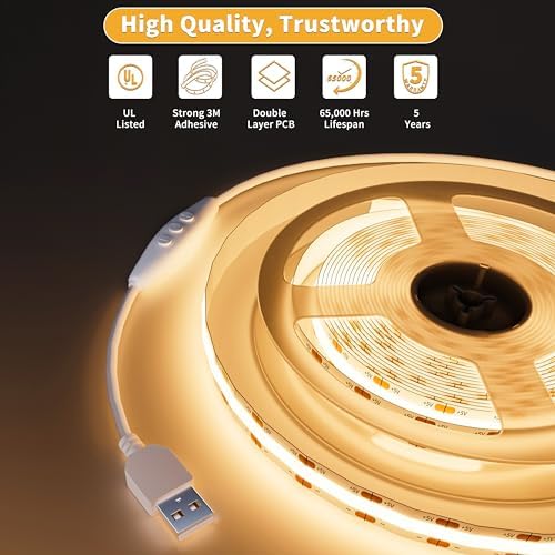 PAUTIX 5V USB COB LED Strip Lights UL-Listed Dotless LED Lights with RF Remote,6.56ft Dimmable 3000K Warm White TV Backlight,Flexible Under Cabinet Tape Lights for Bedroom,Kitchen,Shelves Lighting - Image 5