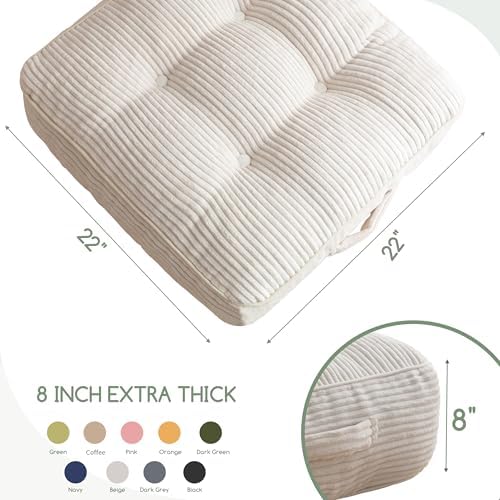HIGOGOGO 8" Extra Thick Floor Pillow Cushion for Adults, Meditation Cushion Pillow, Large Square Floor Sitting, Tufted Corduroy Cover, for Tatami Living Room or Yoga, 22x22 Inch, Beige - Image 2