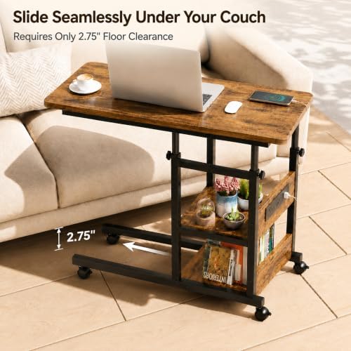 Rolling C Shaped End Table with Charging Station for Couch, Height Adjust - Image 5