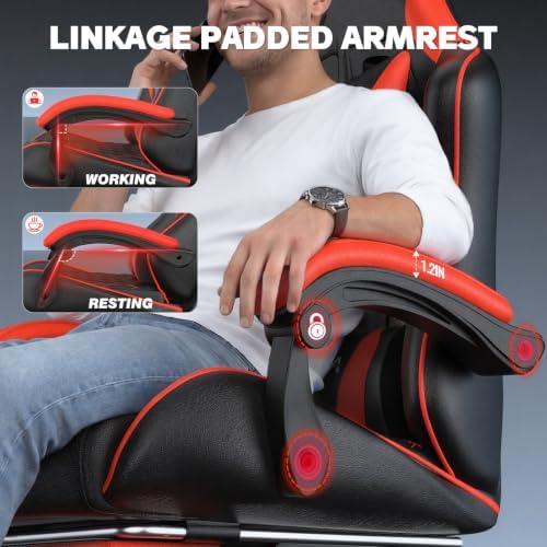 Bigzzia Ergonomic Gaming Chair with Footrest & Breathable PU Leather, Red - Image 6