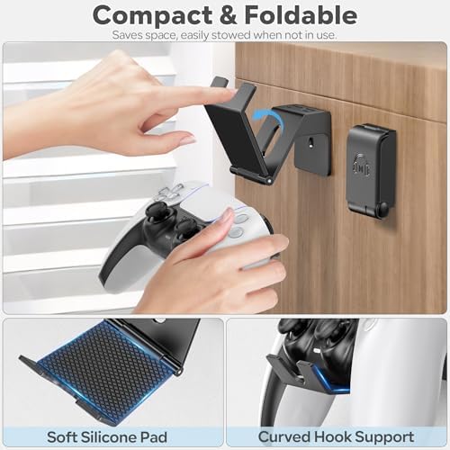 OIVO Controller & Headset Wall Mount Holder Stand, Foldable Headphone Stand, Gaming Controller Holder Hanger Hook, Universal Storage Organizer Controller/Earphone/Game Accessories-5 Packs - Image 3