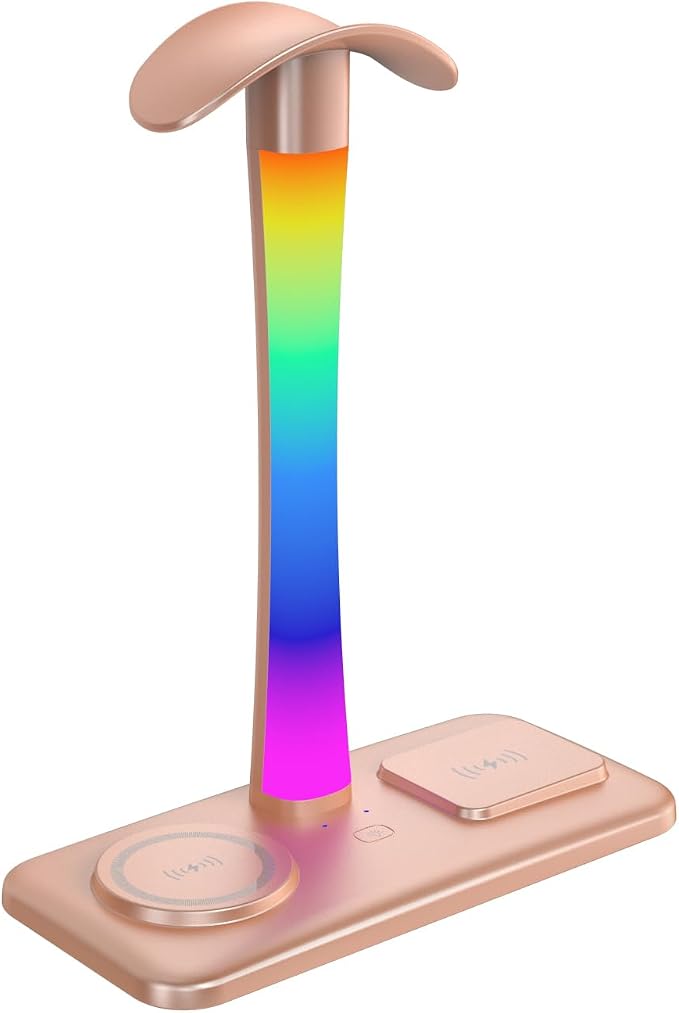Headphone Stand with Wireless Charger,Gaming Headset stand with RGB Light Mode,For Airpod Max Stand Compatible with Airpod Pro/3/2,For iPhone 17/16/15/14/13/12/11,Gifts for Gamers & Music Lover (Gold) - Image 9