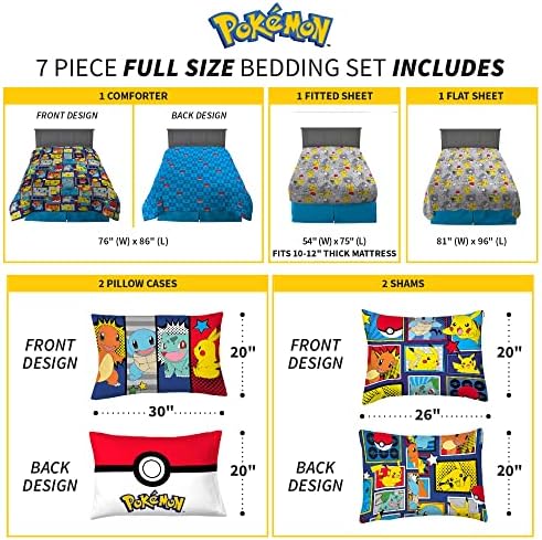 Pokémon Pikachu Full Size Bedding Set – Kids Bedding Super Soft Cozy Reversible Comforter and Sheet Set with Sham, 7 Piece Full Size, (Officially Licensed Product) by Franco - Image 4