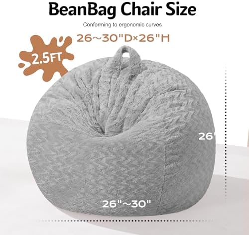 2FT Bean Bag Chair,Giant Bean Bag Chairs for Adults,Big Bean Bags with Memory Foam Filled, Large Beanbag Chairs with Chevron Plush Cover-Light Grey - Image 2