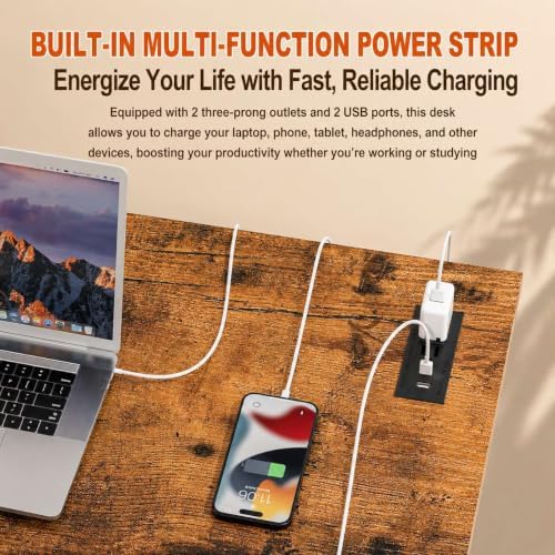 Folding Table Computer Desk - 55.1" No Assembly Folding Desk with Power Outlets & USB Charging Port, Small Desk, Foldable Office Desk, Compact Storage Portable Use for Small Space, Rustic Brown - Image 6