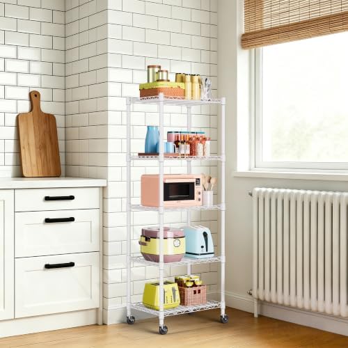 REGILLER 5-Wire Shelving Metal Storage Rack Adjustable Shelves,Standing Storage Shelf Units for Laundry Bathroom Kitchen Pantry Closet(White,11.8" D x 16.6" W x 53.5" H,With Wheels) - Image 2