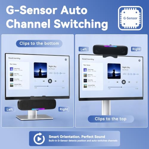 OHAYO Computer Speakers for Desktop PC Monitor, USB Plug-in Laptop Speaker Bar with G-Sensor, BT 6.0, Loud Sound with Deep Bass, RGB Light, Easy Clip-on Design, Volume Knob, USB-C Adapter (Black) - Image 3