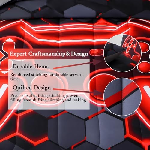 JQinHome Queen Size Gaming Bedding Set 6-Piece Comforter for Boys Teens - 3D Video Game Print Bed in a Bag with Sheets, Red Cool Black Design (Queen) - Image 6