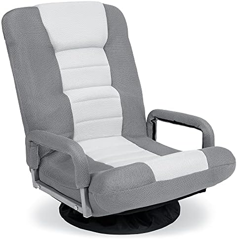 Best Choice Products Swivel Gaming Chair 360 Degree Multipurpose Floor Chair Rocker for TV, Reading, Playing Video Games w/Lumbar Support, Armrest Handles, Adjustable Foldable Backrest - Gray/White by Unknown