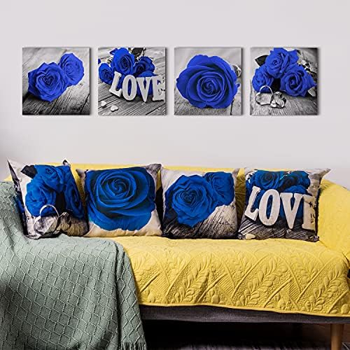 Royal Blue Throw Pillow Covers Set of 4 20 x 20" Decorative Navy Blue Rose Flower Pillow Case Square Cushion Linen Case for Bedroom Living Room Sofa Couch Indoor Outdoor Patio Car Decor Pillowcase - Image 3
