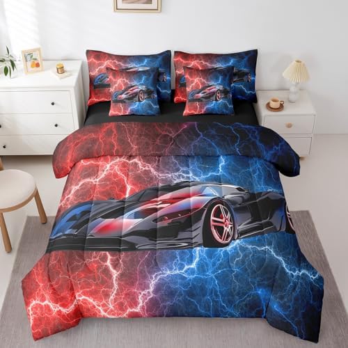 Feelyou Race Car Bedding Set 7 Piece Boys Girls Red and Blue Speed Sports Car King Comforter Set with Sheets for Kids Extreme Sports Bed in a Bag Lightning Theme Bed Set Room Decor - Image 3