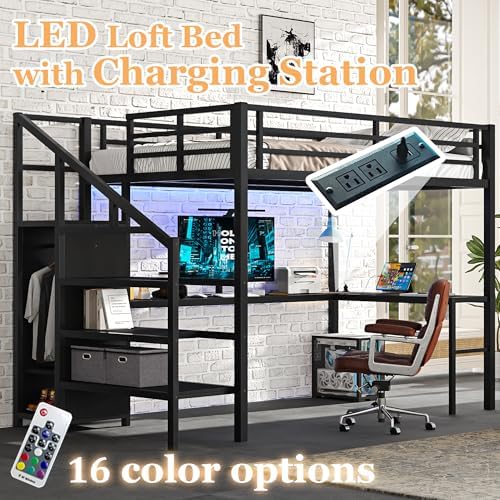 Bellemave Full Size Metal Loft Bed with L Shaped Desk and Wardrobe, Heavy Duty Loft Bed Frame with Storage Stairs, LED Loft Bed Frame with Charging Station & Safety Guard, Space Saving Loft Bed, Black - Image 3