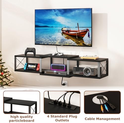 IBUYKE Floating TV Stand with Power Outlet,Wall-Mounted Floating Stand for TVs up to 55",Metal Wall Entertainment Center,Wall Mounted TV Shelf with Storage for Living Room Bedroom,Black UWST011B - Image 5