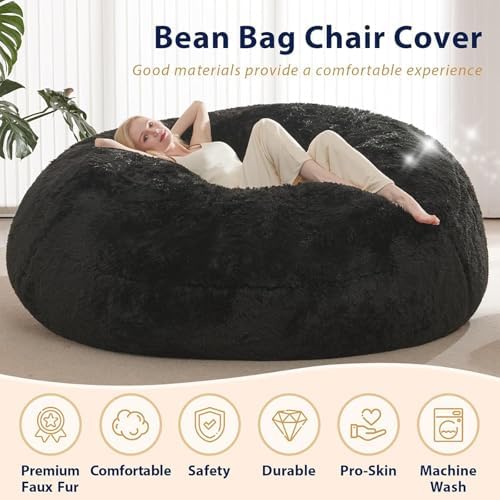 Bean Bag Cover (No Filler), Faux Fur Beanbag Chairs Covers Only, Stuffed Animal Storage Bean Bag, Giant Washable Beanbag Cover Without Filling, 6FT, Black - Image 4
